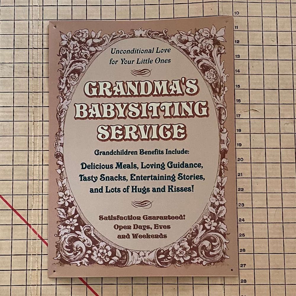 Metal “Grandma” sign, wall decor, “Grandmas Babysitting Service, pink and white